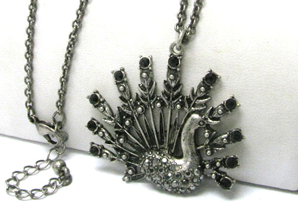 Crystal stud burnish metal peacock pendant long necklace