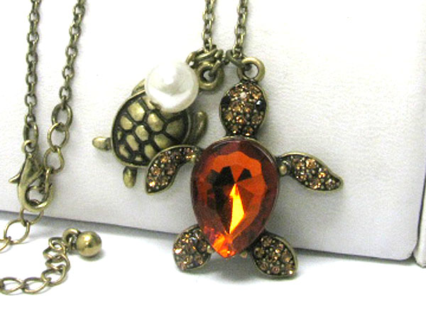 Crystal stud burnish metal dual turtle charm dangle long necklace