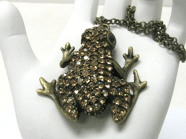 Crystal stud burnish metal frog pendant long necklace