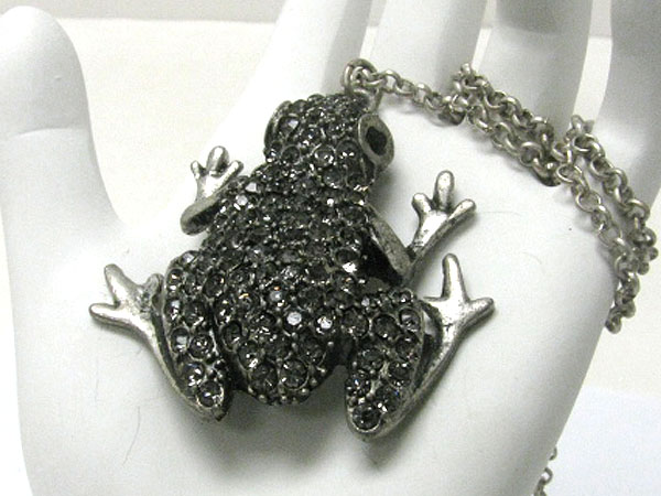 Crystal stud burnish metal frog pendant long necklace