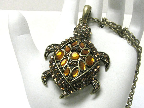 Crystal stud burnish metal turtle pendant long necklace