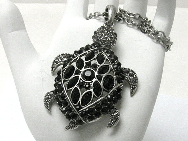 Crystal stud burnish metal turtle pendant long necklace