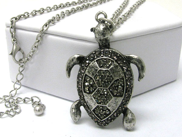 Crystal stud burnish metal turtle pendant long necklace