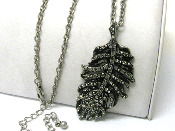 Crystal stud burnish metal feather pendant long necklace