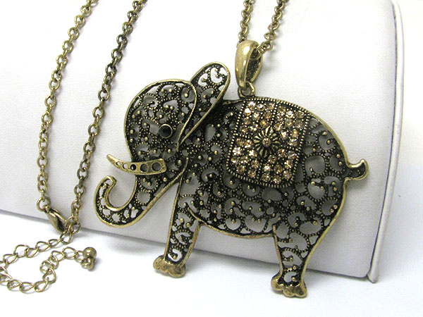 Crystal stud burnish metal fifigree elephant pendant long necklace