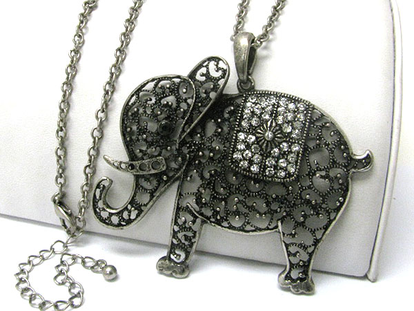 Crystal stud burnish metal fifigree elephant pendant long necklace