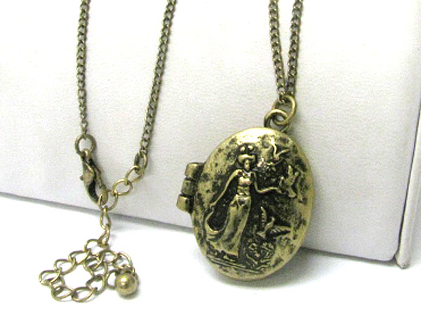 Burnish metal oval locket pendant long necklace