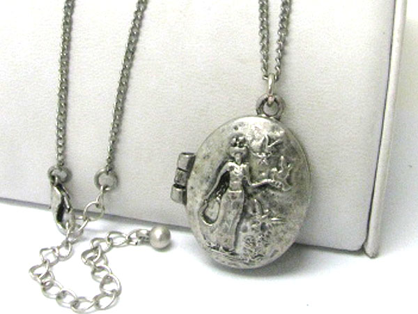 Burnish metal oval locket pendant long necklace