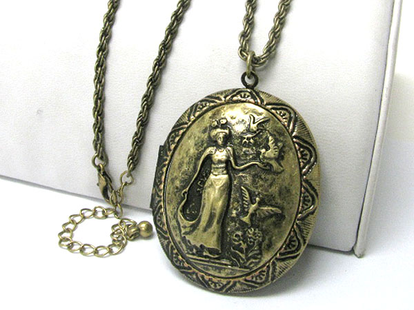 Burnish metal oval locket pendant long necklace