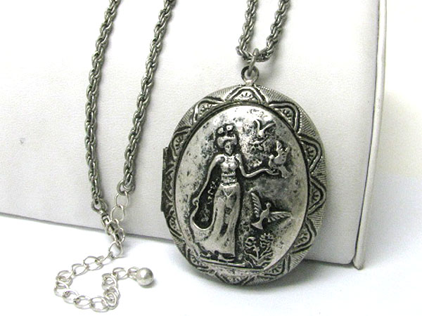 Burnish metal oval locket pendant long necklace