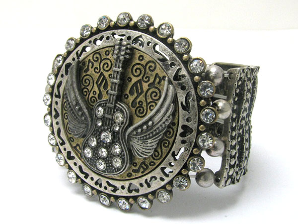 Crystal stud antique metal guitar disk stretch bracelet