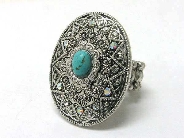 Natural stone and crystal deco oval metal stretch ring