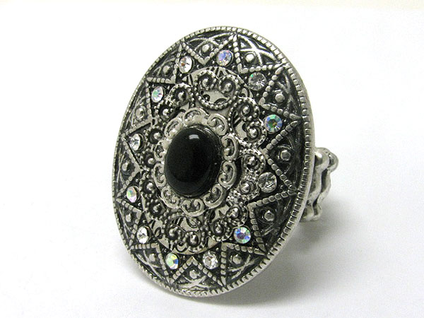 Natural stone and crystal deco oval metal stretch ring