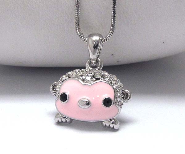 Made in korea whitegold plating metal epoxy and crystal stud puffy monkey head pendant necklace