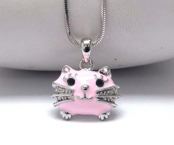 Made in korea whitegold plating metal epoxy and crystal stud puffy cat head pendant necklace