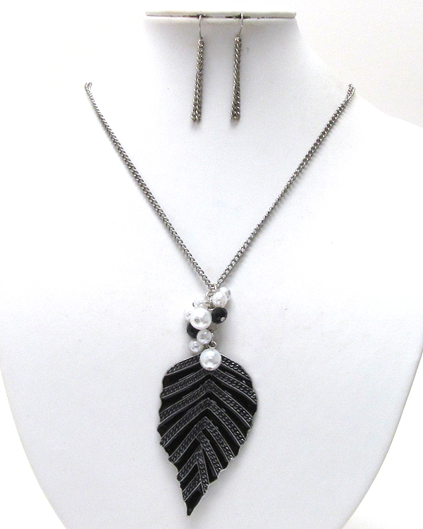 Metal and epoxy leaf with  pearl bead dangle long chain necklace earring set