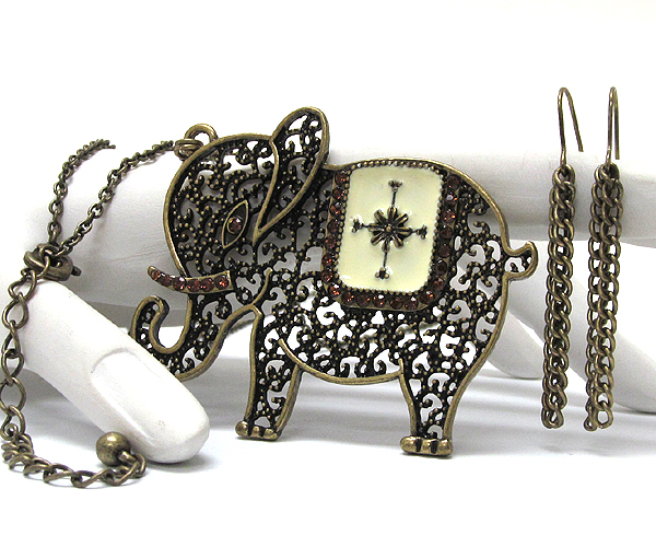 Crystal metal filigree epoxy elephant drop long chain necklace earring set