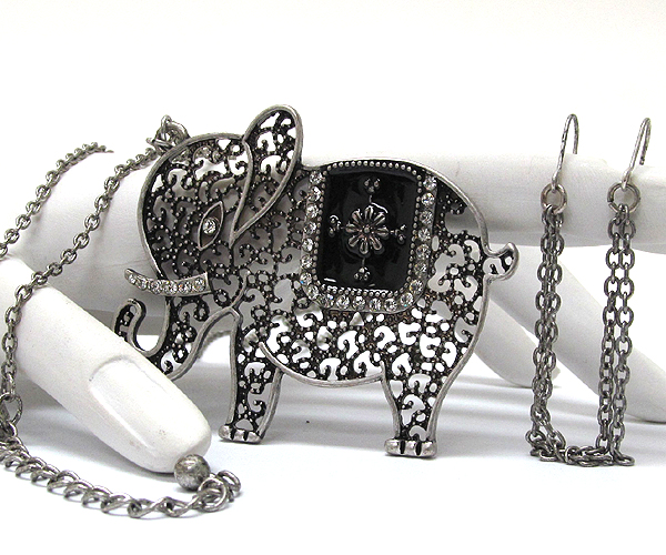 Crystal metal filigree epoxy elephant drop long chain necklace earring set