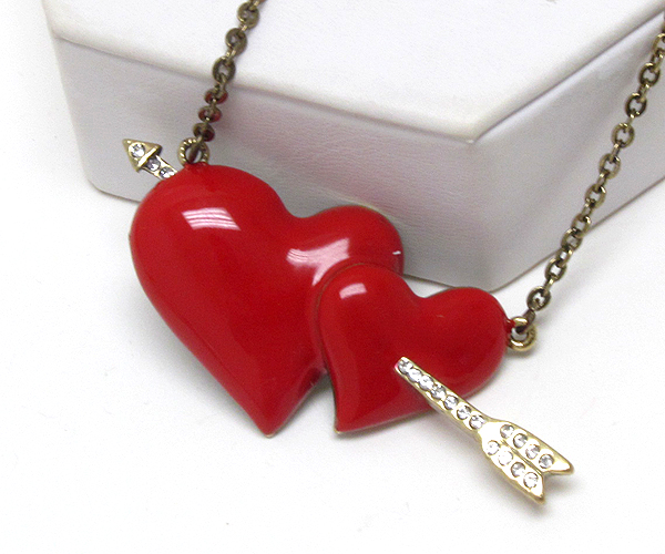 Crystal epoxy double heart and arrow long necklace