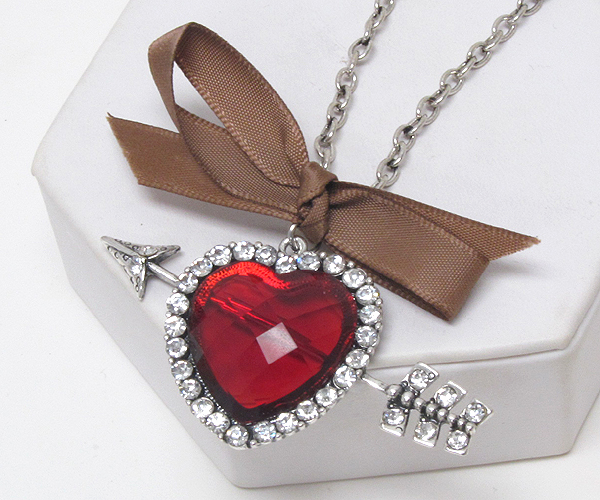 Crystal glass heart with arrow deco with ribbon tied long chain necklace