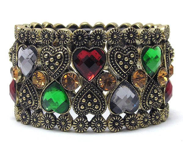 Metal textured and facet glass heart patearn stretch bracelet