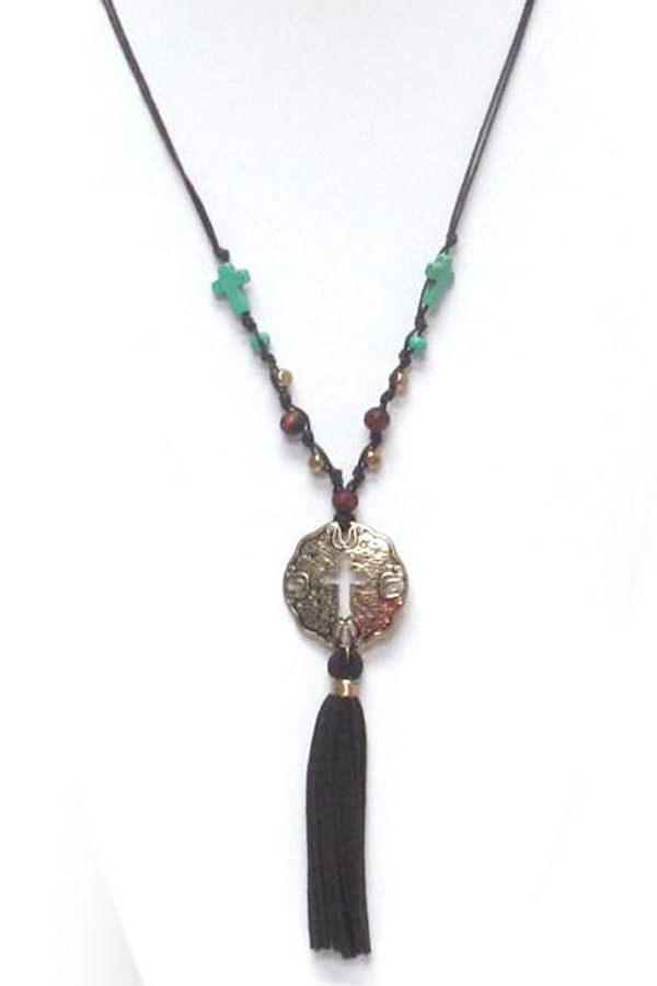 Suede stones with  cross tassel drop necklace