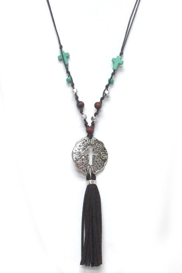 Suede stones with  cross tassel drop necklace