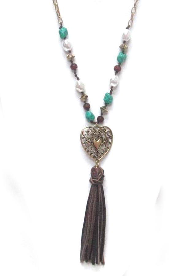 Suede stones with heart tassel drop necklace 