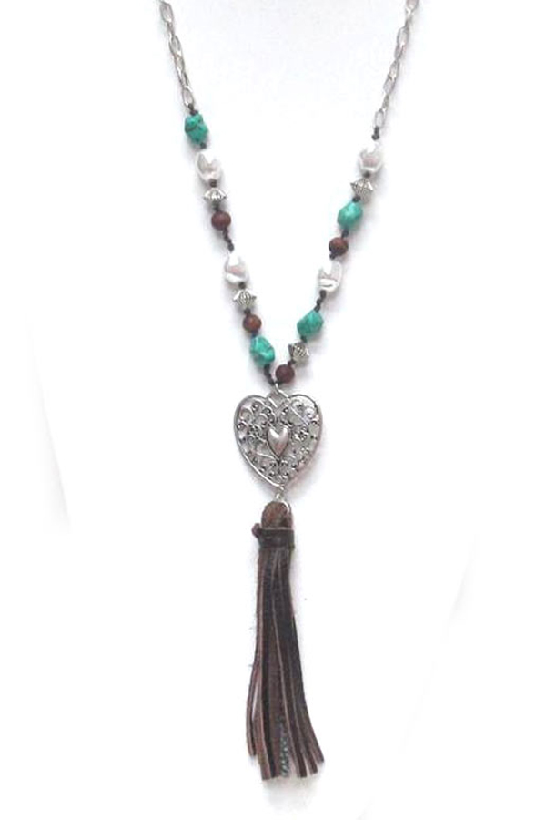 Suede stones with heart tassel drop necklace