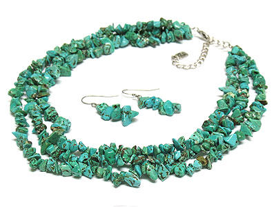 Triple strand green turquoise cluster necklace and earring set