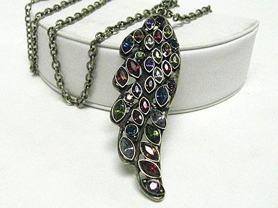 Crystal feather wing pendant long necklace