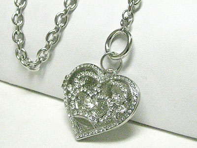 Crystal crown deco heart locket pendant toggle necklace