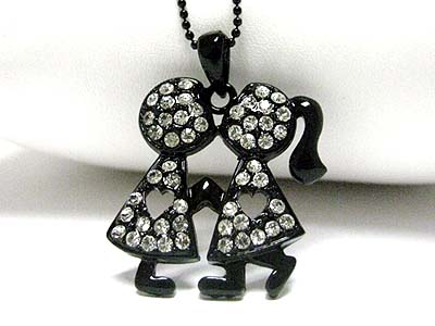 Crystal stud colored metal kissing couple pendant necklace - special price