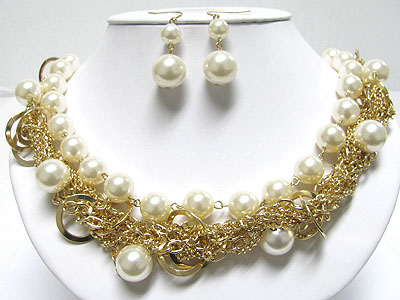 Pearl ball and multi chain braided necklace set 