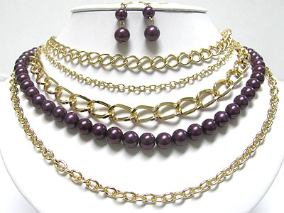 Multi strand pearl ball and metal chain neckalce set