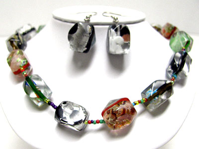 Glass art ice cube beads link necklace set