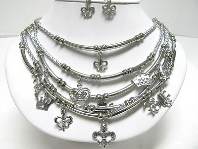 Fleur de lis and crown charm 5 row metal tube and bradied cord link necklace set