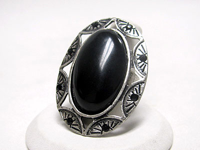 Large natural stone and crystal deco oval stretch ring