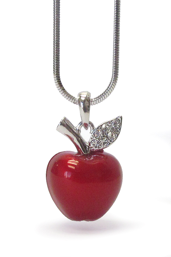 MADE IN KOREA WHITEGOLD PLATING EPOXY AND CRYSTAL STUD APPLE PENDANT NECKLACE