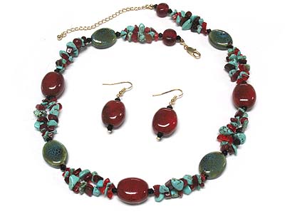 Ceramic stone and double chip stone necklace and earring set