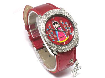 Crystal deco oval face and cartoon printed cross charm leather band watch