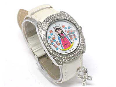 Crystal deco oval face and cartoon printed cross charm leather band watch