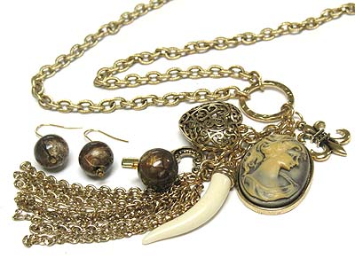 European style cameo and multi charms necklace and earring set 