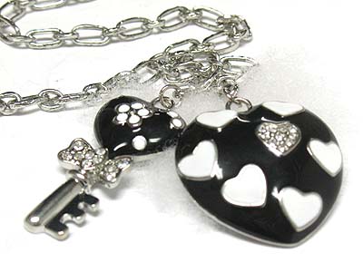 Crystal and enamel deco heart and key drop necklace