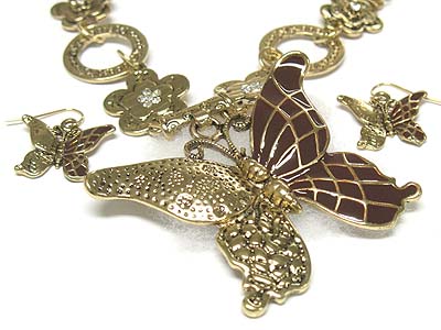 Enamel cover large butterfly pendant necklace and earring set