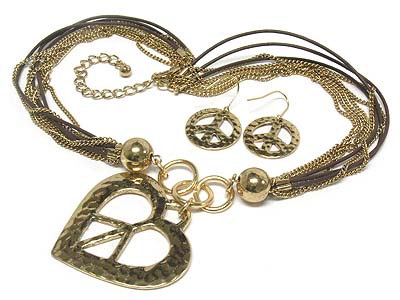 Heart peace pendant and multi strands and cords necklace and earring set