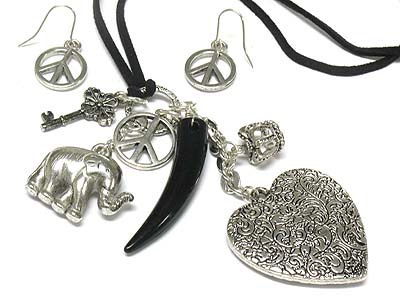 Casting heart and elephant and tusk charm necklace and earring set 