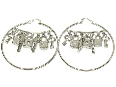 Multi lock and key sign inside dangel hoop earring - hoops