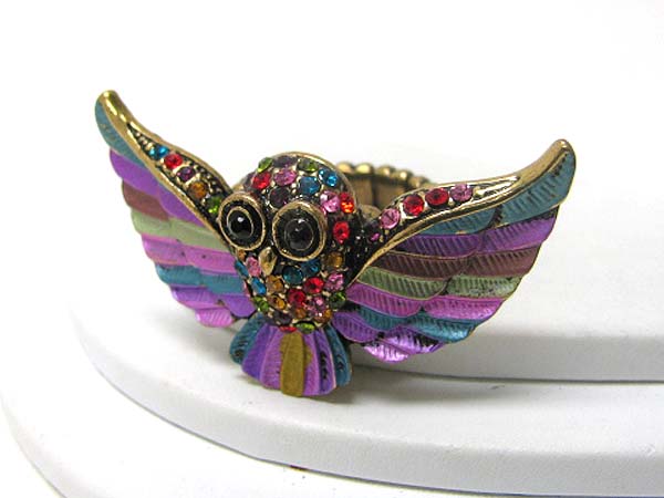 Crystal and paint deco flying owl stretch ring