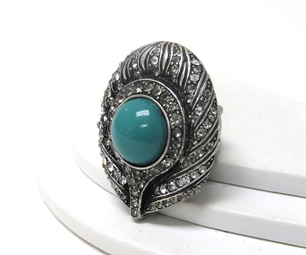 Crystal and center stone peacock feather stretch ring